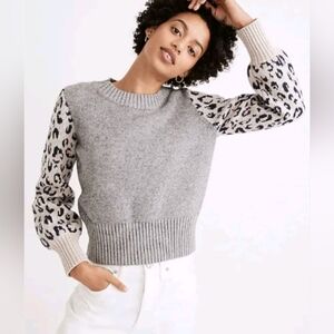 Madewell Leopard-Sleeve Tensley Pullover Sweater Merino Long Sleeve XL